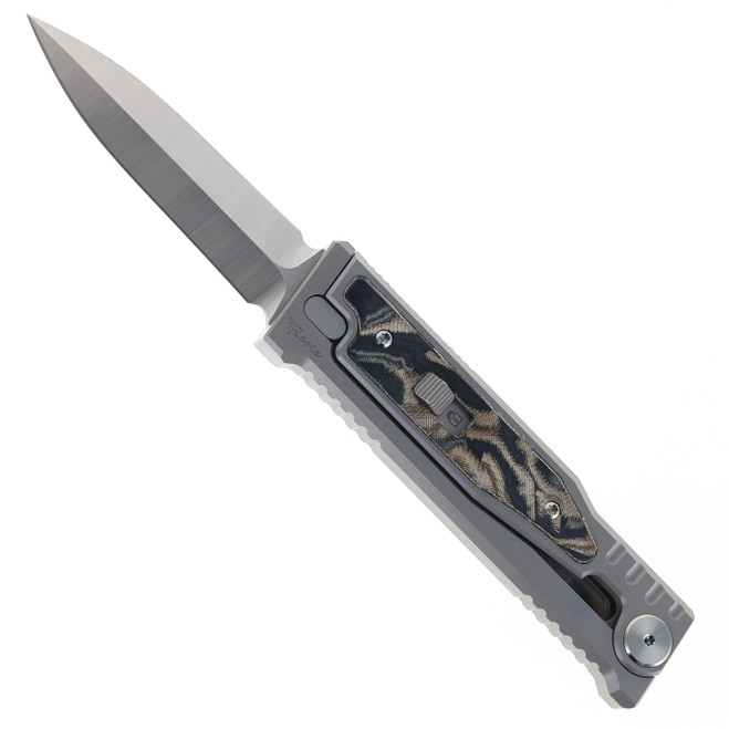 Exo-M Pocket Knife Burl Linen Camo Handle Double Edge Satin Elmax Blade Exo-M Pocket Knife Burl Linen Camo Handle Double Edge Satin Elmax Blade