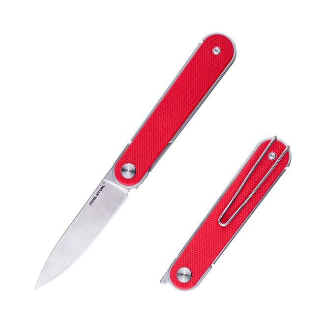 Real Steel Iris Front Flipper Folding Knife Red G10 Handle Satin 12C27 Blade 8061BR Real Steel Iris Front Flipper Folding Knife Red G10 Handle Satin 12C27 Blade 8061BR