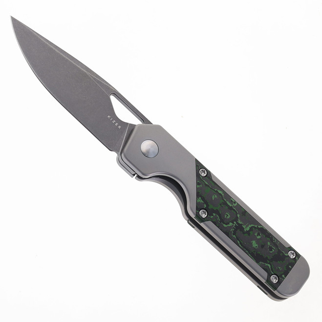 Kizer Mini Militaw Folding Knife Titanium & Jungle Wear FatCarbon Handle S45VN Plain Edge Ki3634SA2