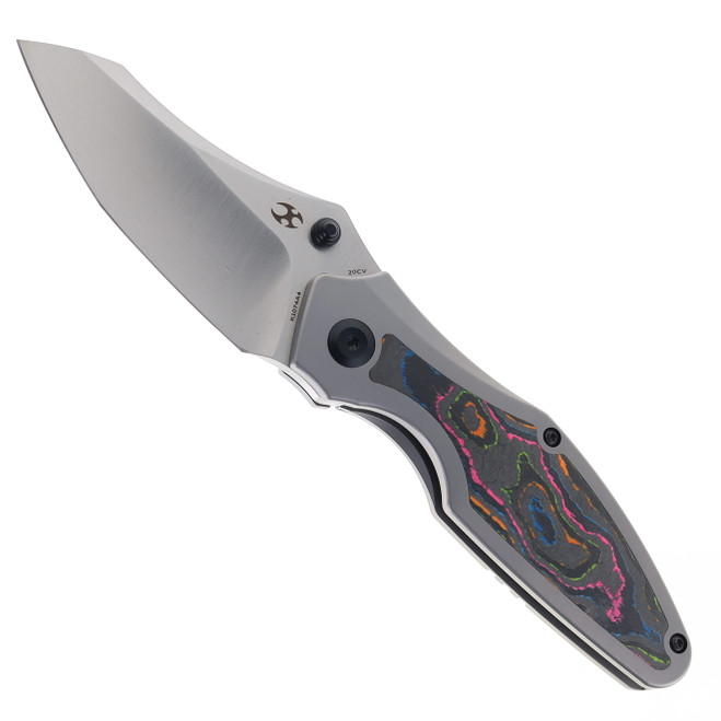 Kansept Baba Yaga Folding Knife Beadblast Titanium/80s Camo Carbon Handle 20CV Plain Edge Satin Finish K1074A4