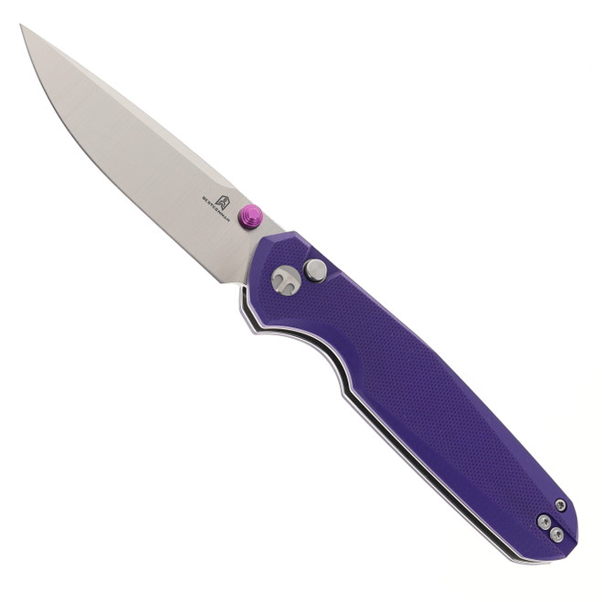 Bestechman Velix Button Lock Folding Knife Purple G10 Handle 14C28N Plain Edge Stonewash/Satin Finish BMK07C Bestechman Velix Button Lock Folding Knife Purple G10 Handle 14C28N Plain Edge Stonewash/Satin Finish BMK07C
