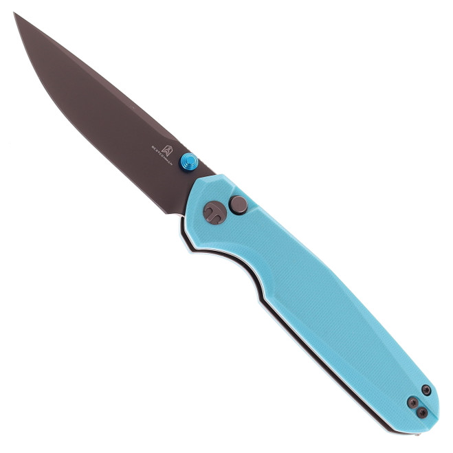 Bestechman Velix Button Lock Folding Knife Light Blue G10 Handle 14C28N Plain Edge Grey PVD Finish BMK07D