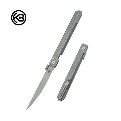 Kubey Prism Folding Knife Grey Titanium Handle M390 Tanto Point