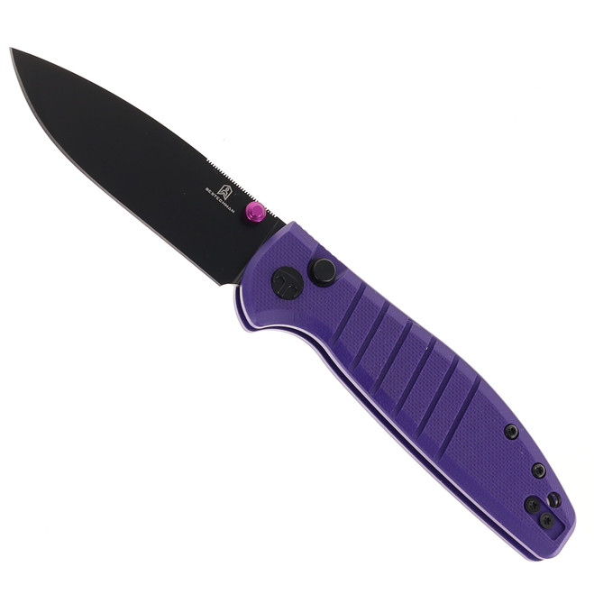 Bestechman Goodboy Jr Button Lock Folding Knife Purple G10 Handle D2 Plain Edge Black PVD Finish BMK10G