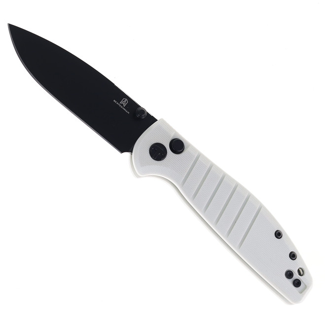 Bestechman Goodboy Jr Button Lock Folding Knife White G10 Handle D2 Plain Edge Black PVD Finish BMK10I