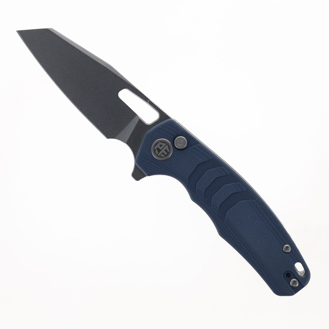Petrified Fish Trilobite Button Lock Foliding Knife Blue Micarta Handle 14C28N Plain Edge PF-E17BW