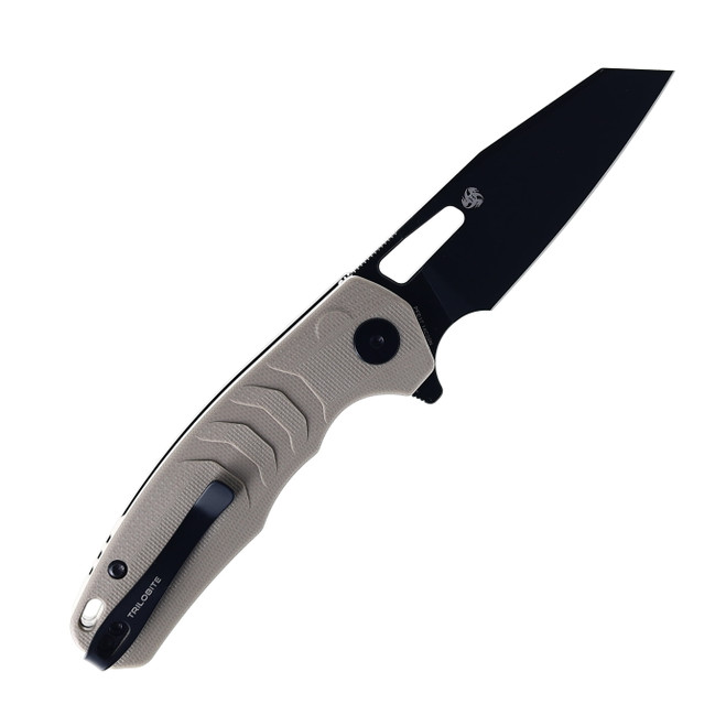 Petrified Fish Trilobite Button Lock Foliding Knife Khaki G10 Handle 14C28N Plain Black Blade PF-E17KDW
