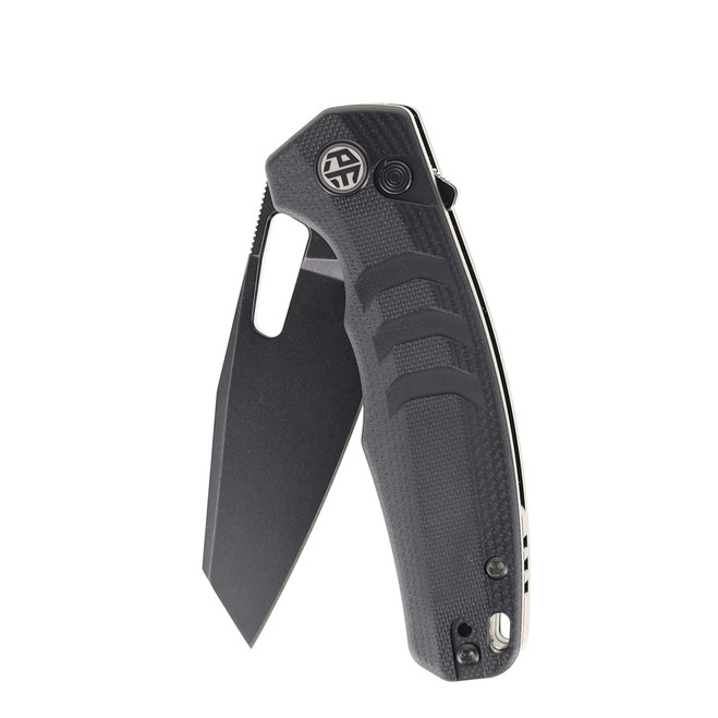 Petrified Fish Trilobite Button Lock Foliding Knife Black Micarta Handle Plain Black Blade PF-E17DDW