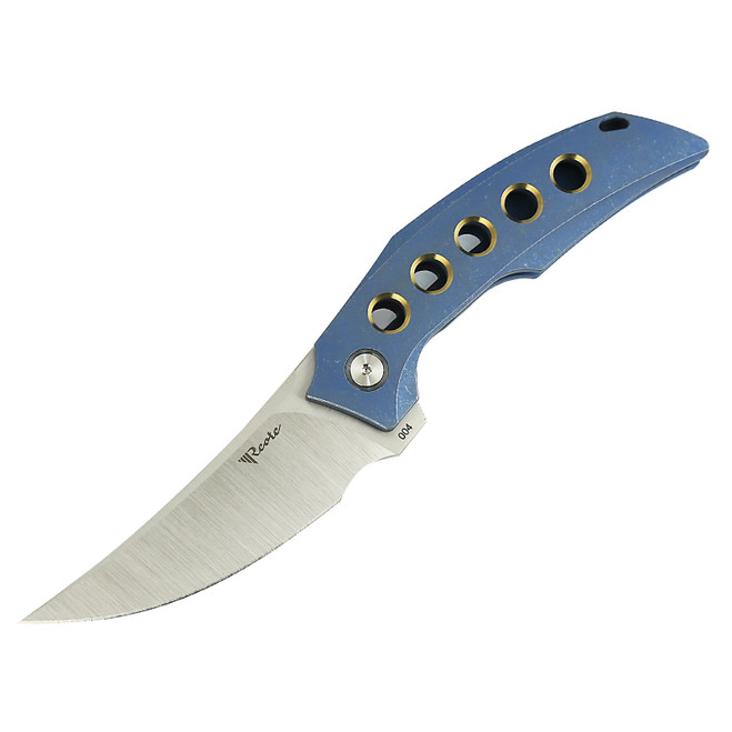 Reate Velocity Folding Knife Blue/Bronze Titanium Handle Elmax Plain Edge Belt Satin Finish