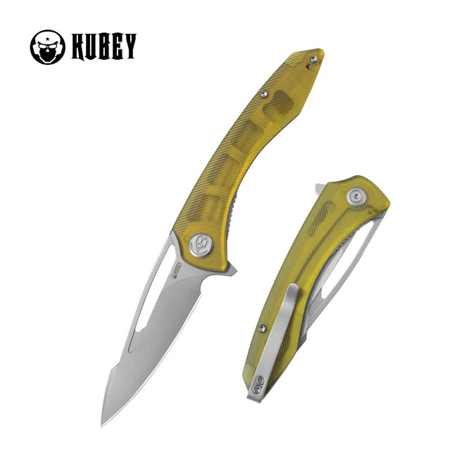 Kubey Merced Folding Knife Amber Ultem Handle AUS-10 Drop Point Plain Edge Beadblast Finish KU345I