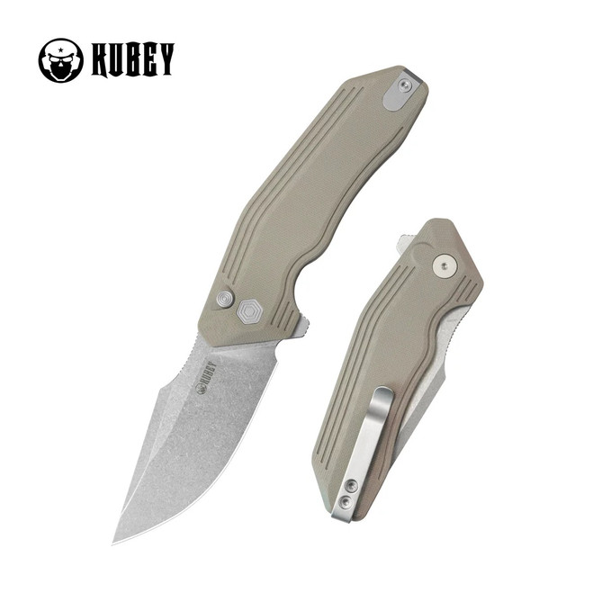 Kubey Basilisk Folding Knife Tan G10 Handle 14C28N Tanto Point