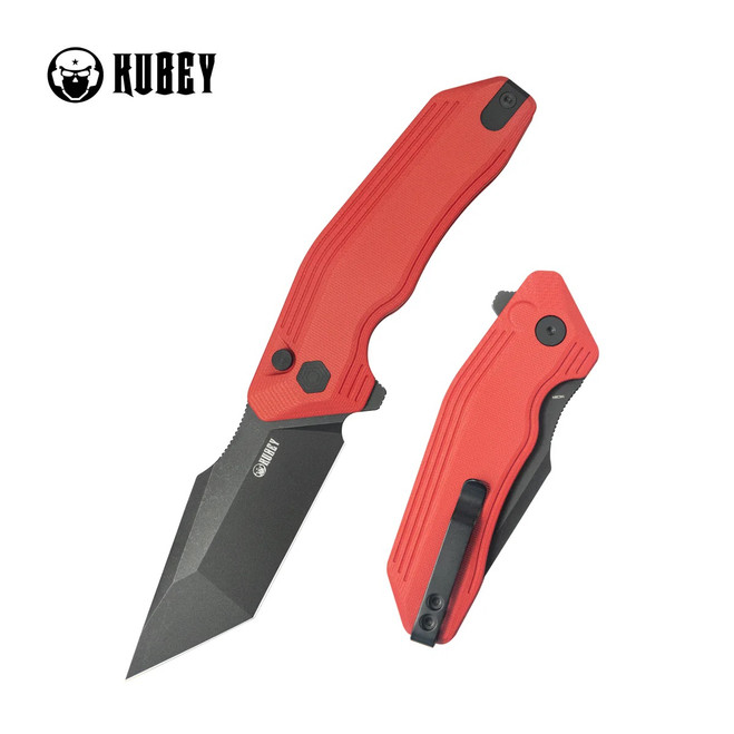 Kubey Yokai Folding Knife Red G10 Handle 14C28N Tanto Point Plain
