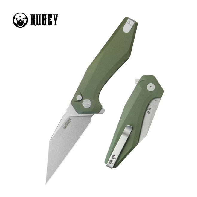 Kubey Fenrir Folding Knife Green G10 Handle 14C28N Wharncliffe Plain Edge Stonewash Finish KU393B