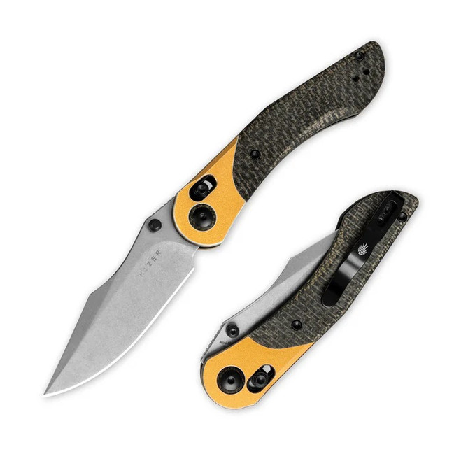 Kizer Mini Mystic Folding Knife Black/Yellow Aluminum/Burlap Micarta  Handle Nitro-V Clip Point Plain Edge V3636A2 Kizer Mini Mystic Folding Knife Black/Yellow Aluminum/Burlap Micarta  Handle Nitro-V Clip Point Plain Edge V3636A2