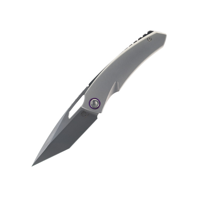 Poikilo Blade Tero S1 Folding Knife Grey Titanium Handle M398 Tanto Plain Edge