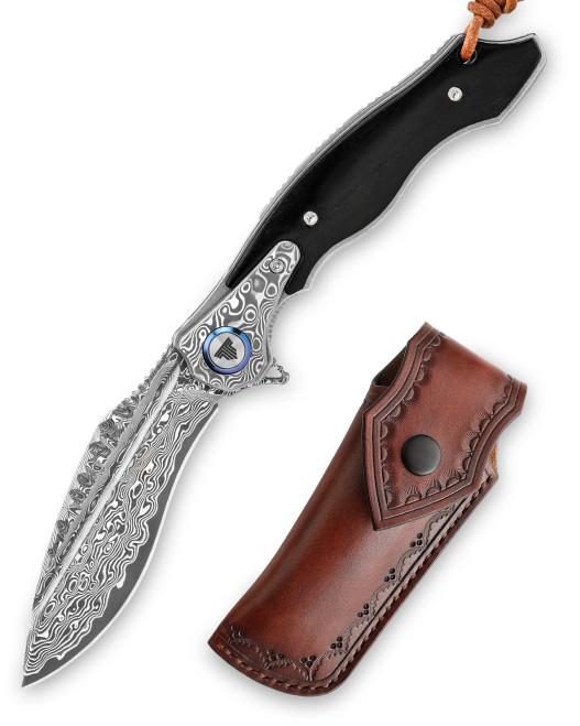 Trivisa Lepus-02B folding Knife with Sheath Liner Lock 4.09'' 67 Layesrs Damascus Steel Blade Damascus Bolster & Bone Handle Trivisa Lepus-02B folding Knife with Sheath Liner Lock 4.09'' 67 Layesrs Damascus Steel Blade Damascus Bolster & Bone Handle
