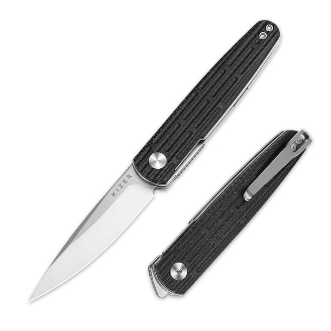 Kizer Bamboo Folding Knife Black Micarta Handle Nitro-V Plain Edge