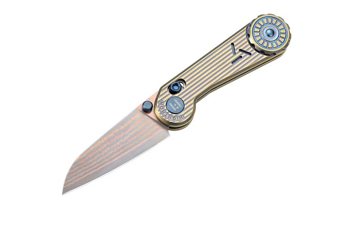Hightron EdgePlay Folding Knife Gold Titanium Handle Copper Damascus Plain Edge HT01GLD