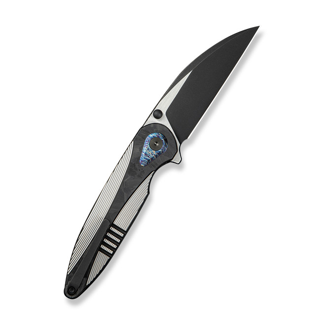 WE Zenthra Folding Knife Satin/Black Titanium/Shred Carbon Fiber Handle M390 Plain Edge Black Stonewash/Satin Flat Finish WE24021C-1
