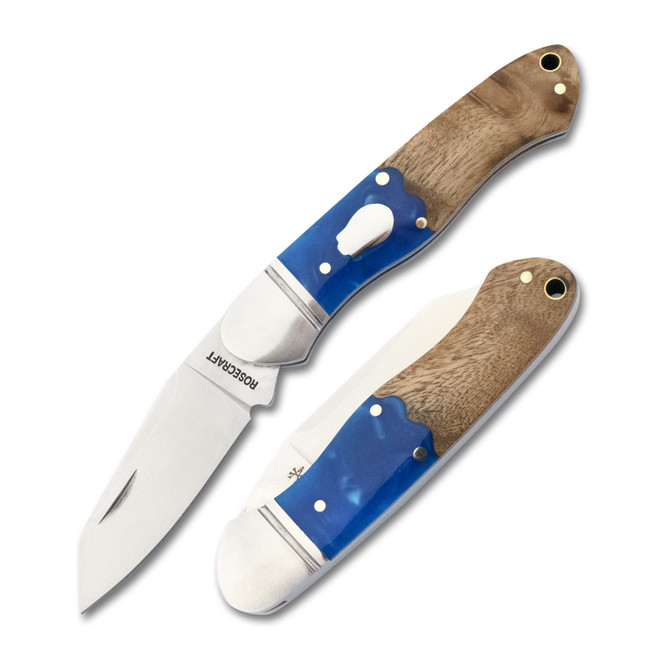 RoseCraft Ocoee Folding Knife Blue Resin Burl Handle D2 Plain Edge RCT009-BW