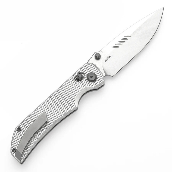 Tenable Eaglestrike Folding Knife Silver Aluminum Handle Nitro-V Plain Edge Stonewash Finish T1095V4