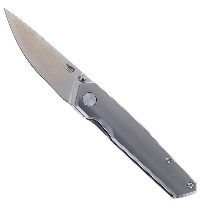 Bestech VK-KUZE Folding Knife White Beadblast Titanium Handle Magnacut Plain Edge Satin Finish BT2504A