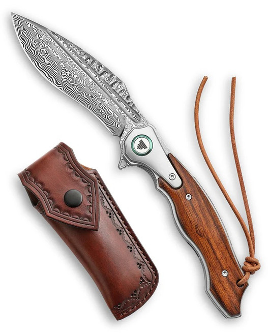 Trivisa Lepus-01 Liner Lock Folding Knife Titanium/Ironwood Handle Damascus Plain Edge YZ03-IW-D/P