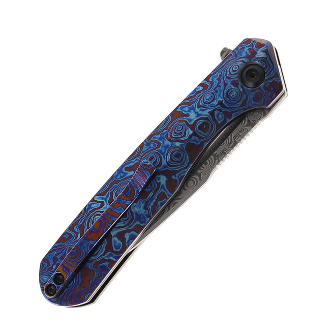Kansept Qilin Folding Knife Blue Timascus Handle Damascus Plain