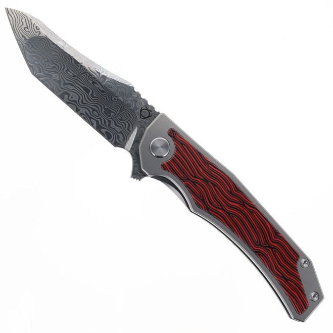 SixLeaf SL-64-PR Folding Knife Titanium Red/Black G10 Handle Damascus Plain Edge