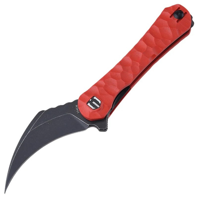 Discontinued Shieldon Scythe XL Folding Knife Red G10 Handle 154CM Hawkbill Plain Black Blade DC01D Discontinued Shieldon Scythe XL Folding Knife Red G10 Handle 154CM Hawkbill Plain Black Blade DC01D