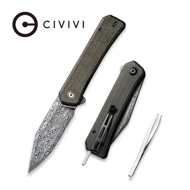 Civivi Relic Folding Knife Dark Green Micarta Handle Damascus Plain Edge C20077B-DS1 Civivi Relic Folding Knife Dark Green Micarta Handle Damascus Plain Edge C20077B-DS1