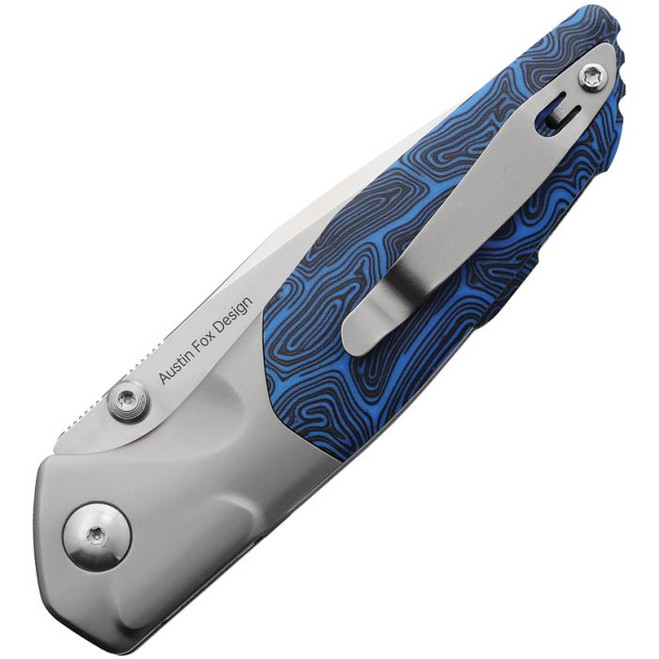 Real Steel Hoeft Button Lock Folding Knife Blue/Black Damascus/G10 Handle S35VN False Edge RS7901DB