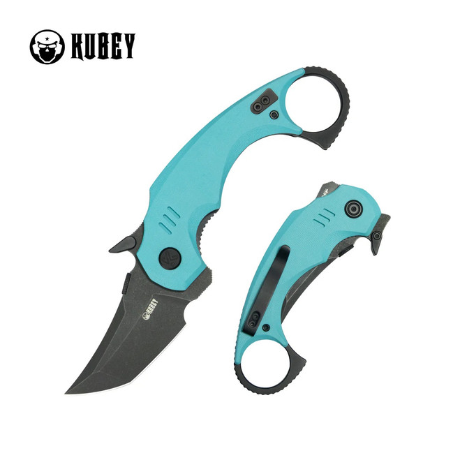 Kubey Jaw Folding Knife Tiffany Blue G10 Handle 14C28N Plain Edge Blackwash Finish KU439D