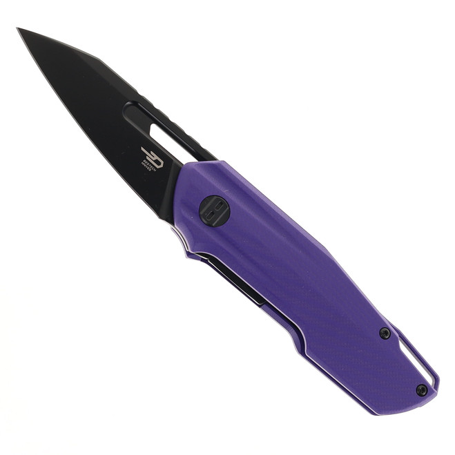 Purple G10 folding knife displayed closed on a clean background