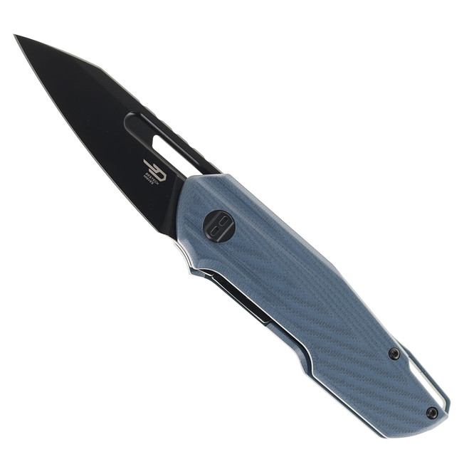 Blue g10 folding knife shown closed on a clean background