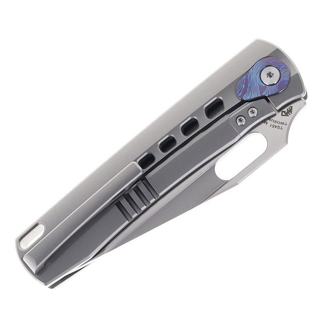 TwoSun Folding Knife Gray Titanium w/ Timascus Handle M398 Plain