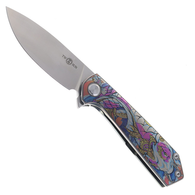 TwoSun Folding Knife Color Titanium/Carbon Fiber Handle M390 Plain Edge TS223-M390-Color-Engraved-111