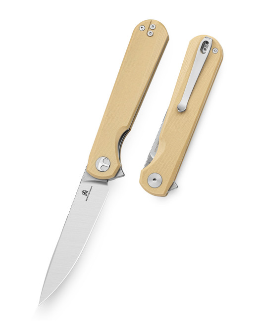 Bestechman Flick Folding Knife Khaki G10 Handle D2 Plain Edge Stonewash/Satin Finish BMK13C