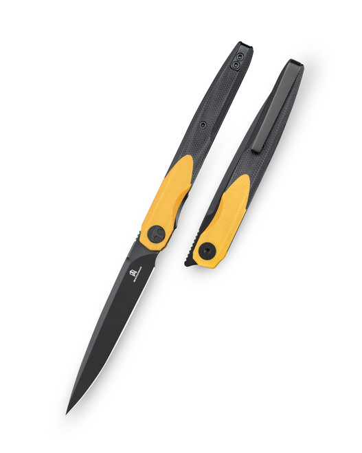 Bestechman Lanza Folding Knife Black/Yellow G10 Handle 14C28N Plain Edge Black Stonewash Finish BMK14F