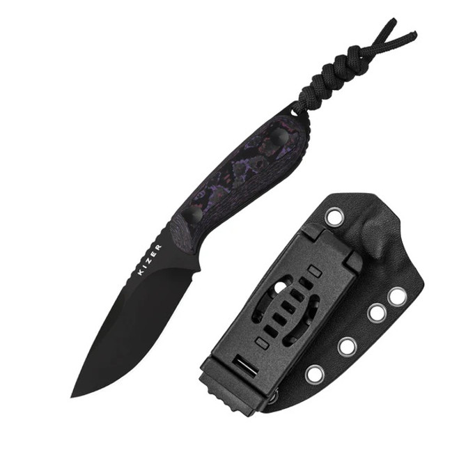 Kizer Buddy Fixed Blade Knife Fat Carbon Purple Haze Handle 4V Drop Point Plain Black Blade 1081A10