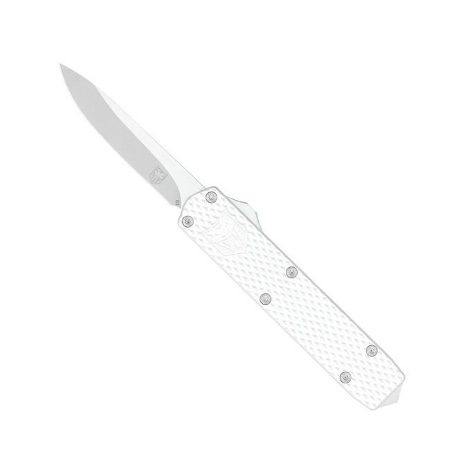 Cobratec Mini Silver Mamba Gen II OTF Auto Knife White Aluminum Handle D2 Plain Edge MNSILMGEN2DNS