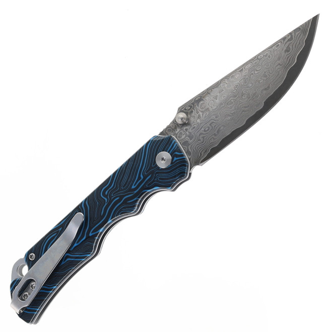 Two Sun Folding Knife Blue/Black G10 Handle Damascus Clip Point