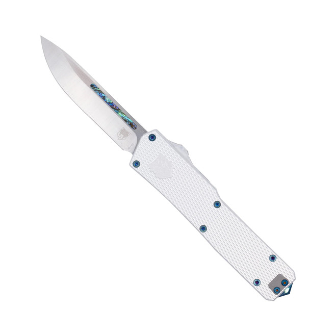 CobraTec Abalone Edge OTF Auto Knife Silver Titanium Handle VG-10 Plain Edge CTABAEDGEDNS