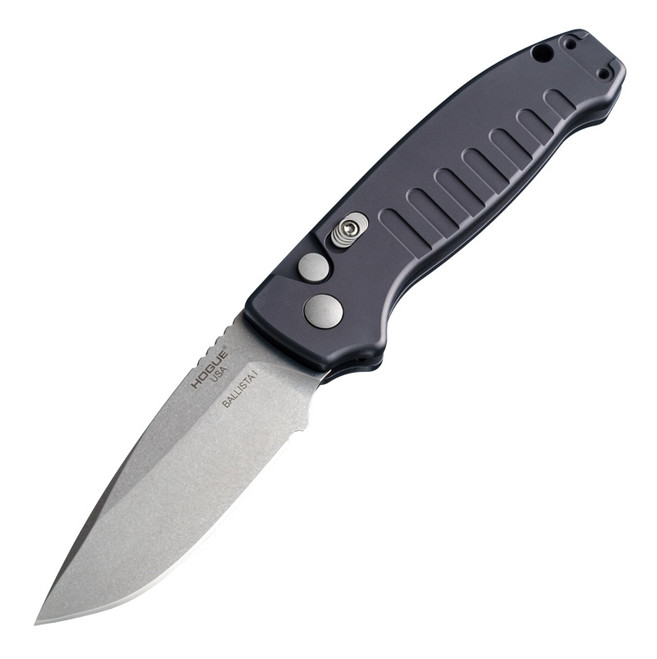 Hogue 64136 Ballista Automatic Folder Stone Tumbled Matte Black Aluminum Frame 154CM Drop Point Blade
