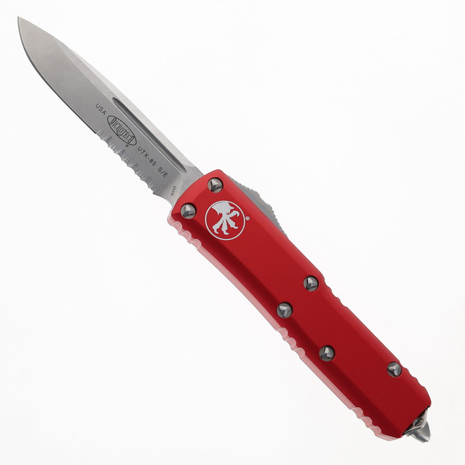 Microtech UTX-85 OTF Auto Knife Red Aluminum Handle Stainless Steel Drop Point Partially Serrated Edge Stonewash Finish 231-11-RD Microtech UTX-85 OTF Auto Knife Red Aluminum Handle Stainless Steel Drop Point Partially Serrated Edge Stonewash Finish 231-11-RD