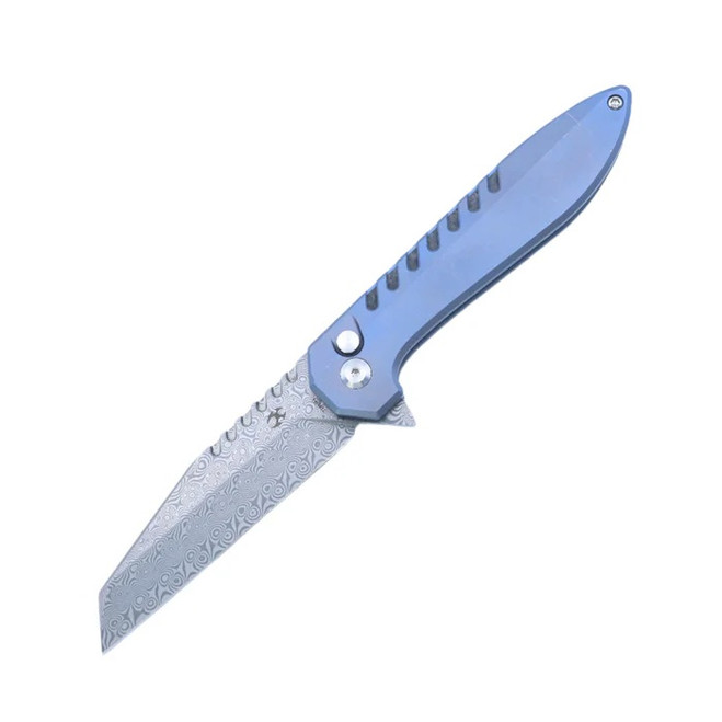 Kansept Kosame Folding Knife Blue Titanium/Shred Carbon Fiber Handle Damascus Plain Edge T1093F1