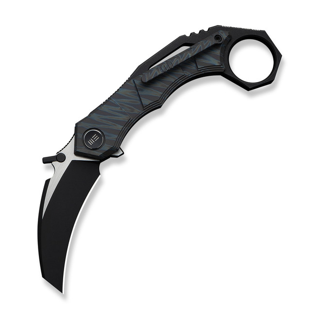 WE Tayra Folding Knife Karambit Tiger Stripe Flame Titanium/Black Titanium Integral Backspacer & Finger Ring Handle M390 Plain Edge Hand Rubbed Black SW/Satin Flat Finish WE24069-4 WE Tayra Folding Knife Karambit Tiger Stripe Flame Titanium/Black Titanium Integral Backspacer & Finger Ring Handle M390 Plain Edge Hand Rubbed Black SW/Satin Flat Finish WE24069-4