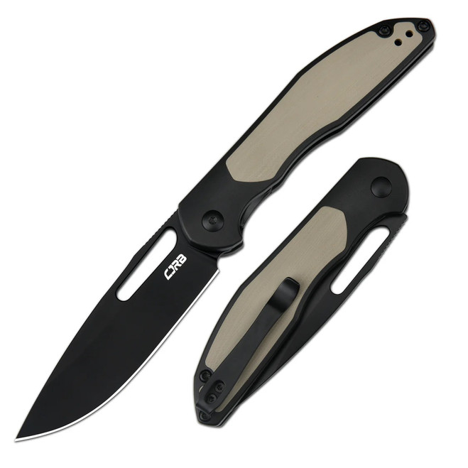CJRB Droma Folding Knife Aluminum/Black G10 Handle AR-RPM9 Drop Point Plain Edge Black PVD Finish J1963-BDE