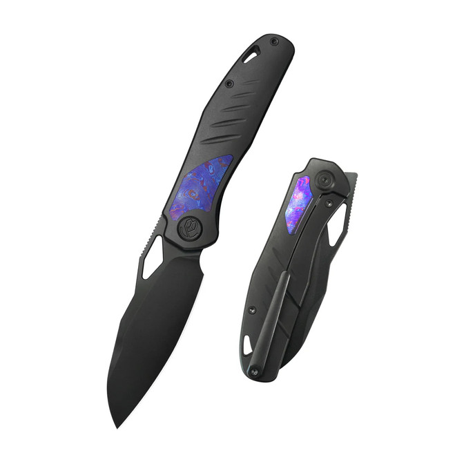 KB Sudden Folding Knife DLC Titanium/Blue Timascus Handlle 20CV Sheepsfoot Plain Edge DLC Finish KB385C