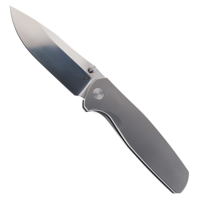 Vanguard Knives Esox V2 Folding Knife Gray Titanium Handle Semi Mirror M390 Timascus Clip